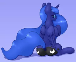 Size: 1280x1056 | Tagged: artist:staggeredline, bedroom eyes, both cutie marks, derpibooru import, female, looking at you, looking back, moonbutt, plot, princess luna, simple background, sitting, smiling, solo, solo female, suggestive, tail wrap