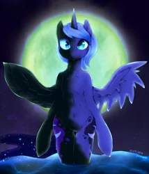 Size: 684x800 | Tagged: safe, artist:divided-s, derpibooru import, nightmare moon, princess luna, alicorn, pony, semi-anthro, :c, belly button, bipedal, both cutie marks, corrupted, digital art, duality, featureless crotch, female, frown, looking at you, mare, moon, night, nightmare luna, pixiv, s1 luna, solo, spread wings, transformation, water, wings
