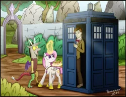 Size: 1200x922 | Tagged: artist:bonaxor, cewestia, derpibooru import, discord, doctor who, drool, eleventh doctor, filly, fish fingers and custard, magic, matt smith, princess celestia, safe, tardis, the doctor, timelord