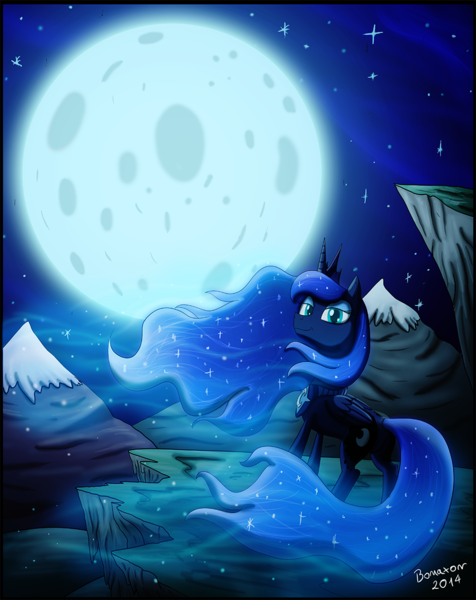 Size: 900x1135 | Tagged: safe, artist:bonaxor, derpibooru import, princess luna, cliff, looking at you, moon, mountain, night, smiling, snow, snowfall, solo