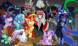 Size: 1250x750 | Tagged: safe, artist:zelc-face, derpibooru import, ahuizotl, diamond tiara, discord, gilda, king sombra, lightning dust, lord tirek, mane-iac, nightmare moon, queen chrysalis, sunset shimmer, suri polomare, trixie, earth pony, gryphon, pegasus, pony, unicorn, twilight's kingdom, angry, antagonist, bipedal, cigar, cross-popping veins, frown, glare, glasses, gold teeth, gold tooth, grin, gritted teeth, grumpy, open mouth, prone, selfie, shutter shades, smiling, smoking, sunglasses, swag, wide eyes