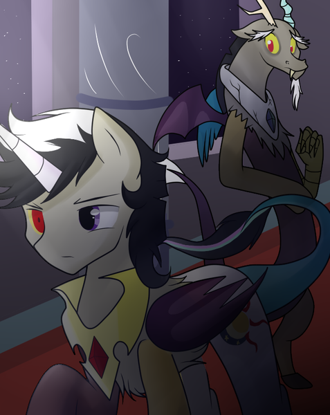 Size: 666x838 | Tagged: artist:hikariviny, derpibooru import, disappointed, discord, frown, heterochromia, hybrid, interspecies offspring, like father like son, oc, oc:chaotic, offspring, parent:discord, parent:princess celestia, parents:dislestia, sad, safe