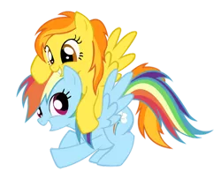 Size: 500x405 | Tagged: artist needed, safe, derpibooru import, rainbow dash, spitfire, cute, cutefire, dashabetes, female, grin, happy, lesbian, ponies riding ponies, shipping, smiling, spitdash, spread wings