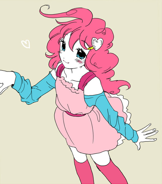 Size: 576x655 | Tagged: artist:pasikon, blushing, clothes, cute, derpibooru import, diapinkes, dress, female, heart, human, humanized, looking at you, pinkie pie, safe, simple background, solo