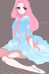 Size: 500x750 | Tagged: artist:pasikon, clothes, derpibooru import, dress, fluttershy, human, humanized, safe, sky, solo, surreal