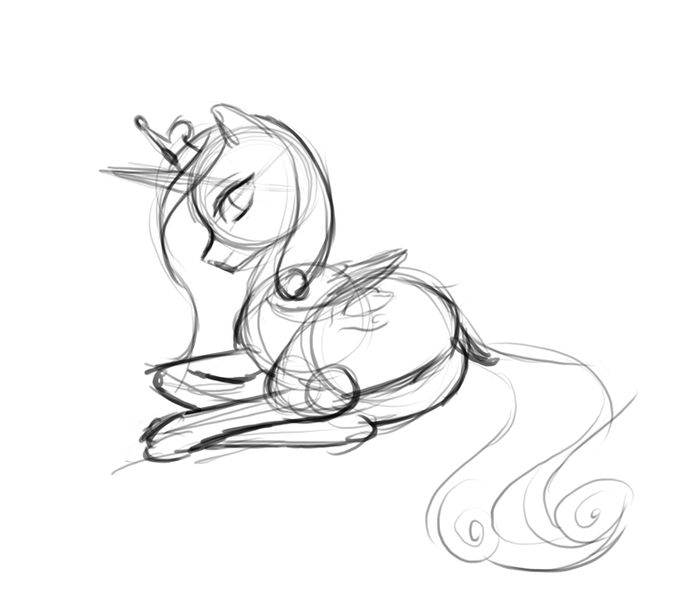 Size: 750x656 | Tagged: artist:raithial, derpibooru import, female, inviting, looking at you, lying down, monochrome, plot, princess cadance, questionable, sketch, smiling, solo, solo female