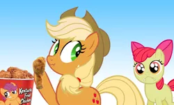 Size: 805x488 | Tagged: apple bloom, applejack, cannibalism, caught, derpibooru import, fried chicken, kfc, ponies eating meat, safe, scootachicken, scootaloo