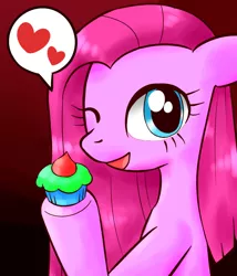 Size: 600x700 | Tagged: artist:dobado, cupcake, cute, cuteamena, derpibooru import, heart, pinkamena diane pie, pinkie pie, pixiv, safe, simple background, solo, wink