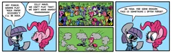 Size: 1024x315 | Tagged: safe, artist:joeywaggoner, derpibooru import, amethyst star, bon bon, derpy hooves, doctor whooves, maud pie, pinkie pie, rainbow dash, rarity, sweetie drops, time turner, pegasus, pony, background pony, comic, comic strip, commission, female, jacques, joe and mac retrospective, jontron, mare, spongebob squarepants, the paper