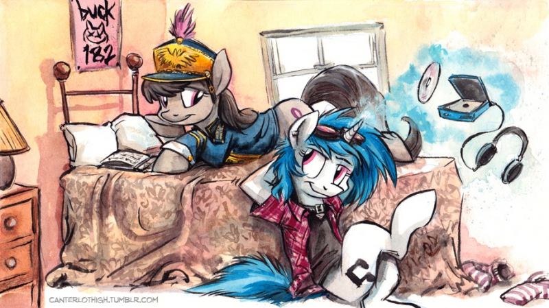 Size: 800x449 | Tagged: safe, artist:kenket, artist:spainfischer, derpibooru import, octavia melody, vinyl scratch, earth pony, pony, unicorn, bed, blink 182, canterlot high, clothes, female, lamp, looking at each other, magic, mare, smiling, window