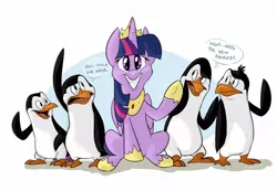 Size: 1075x744 | Tagged: safe, artist:thedoggygal, derpibooru import, twilight sparkle, twilight sparkle (alicorn), alicorn, bird, penguin, pony, crossover, female, kowalski, madagascar, mare, private, rico, skipper, smile and wave, the penguins of madagascar