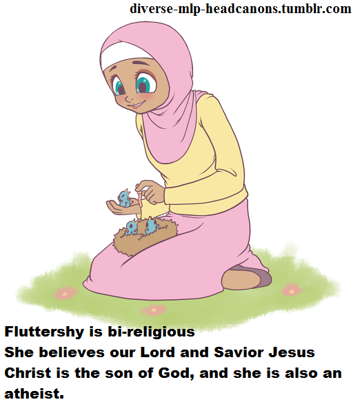 Size: 512x583 | Tagged: artist:jun-k-tastic, atheism, bird, christianity, contradiction, derpibooru import, diverse-mlp-headcanons, edit, fluttershy, headcanon, hijab, human, humanized, islam, islamashy, low quality bait, missing the point, nest, nonsense, paradox, parody, religion, religious, safe, solo, wat, worm