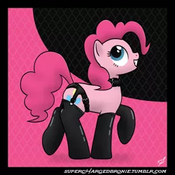 Size: 2200x2200 | Tagged: artist:dyani-yahto, clothes, collar, derpibooru import, edit, evening gloves, female, gloves, kinkie pie, latex, latex socks, pinkie pie, smiling, socks, solo, solo female, suggestive, trotting