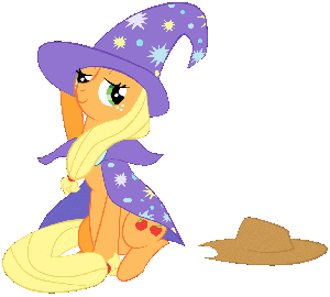 Size: 300x270 | Tagged: accessory swap, applejack, cosplay, derpibooru import, hat, safe, simple background, sitting, solo, source needed, the great and powerful, trixie's cape, trixie's hat