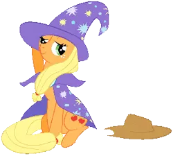 Size: 300x270 | Tagged: accessory swap, applejack, cosplay, derpibooru import, hat, safe, simple background, sitting, solo, source needed, the great and powerful, trixie's cape, trixie's hat