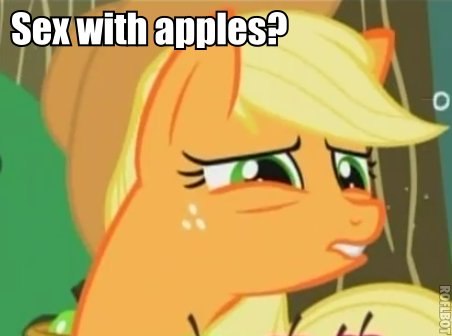 Size: 452x336 | Tagged: apple, applejack, caption, derpibooru import, edit, edited screencap, frown, image macro, implied sex, lewd, meme, screencap, solo, suggestive, vulgar, worried