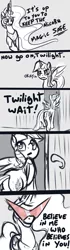 Size: 537x1920 | Tagged: safe, artist:mostazathy, derpibooru import, princess celestia, twilight sparkle, twilight sparkle (alicorn), alicorn, pony, anime, comic, crossover, female, kamina sunglasses, mare, monochrome, parody, reference, tengen toppa gurren lagann