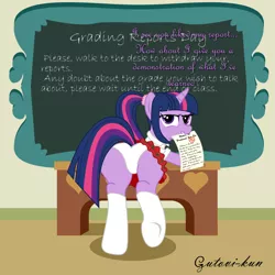 Size: 2133x2133 | Tagged: alternate hairstyle, artist:gutovi, butt, chalkboard, classroom, clothes, derpibooru import, desk, female, looking back, mouth hold, panties, plot, ponytail, presenting, schoolgirl, skirt, socks, solo, solo female, suggestive, table, twilight sparkle, underwear, upskirt