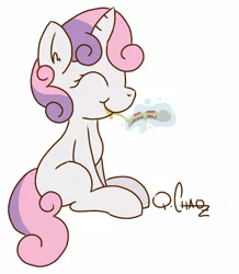 Size: 720x824 | Tagged: artist:quarantinedchaoz, derpibooru import, eating, food, magic, meat, pepperoni, pepperoni pizza, pizza, ponies eating meat, safe, solo, sweetie belle