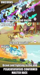 Size: 484x911 | Tagged: safe, derpibooru import, edit, edited screencap, screencap, blaze, blues, braeburn, bulk biceps, cherry berry, cloudchaser, coco crusoe, comet tail, daisy, derpy hooves, discord, fleetfoot, flower wishes, lemon hearts, linky, lord tirek, lyra heartstrings, merry may, minuette, noteworthy, orion, parasol, ponet, sea swirl, seafoam, shoeshine, shooting star (character), soarin', spitfire, spring melody, sprinkle medley, star bright, stormfeather, twinkleshine, pony, twilight's kingdom, clothes, flying, frown, glorious master race, glowing horn, goggles, horn, hub logo, image macro, looking up, meme, misspelling, mud pony, open mouth, pegasus master race, pony racism, racism, running, scared, text, uniform, wall of tags, wide eyes, wonderbolts, wonderbolts uniform