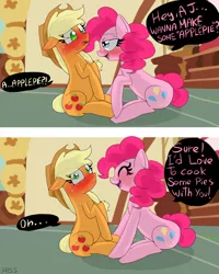 Size: 800x1000 | Tagged: 2 panel comic, apple, applejack, apple pie, applepie, artist:misspolycysticovary, bedroom eyes, blushing, comic, cooking, derpibooru import, dialogue, female, lesbian, pinkie pie, pun, shipping, suggestive