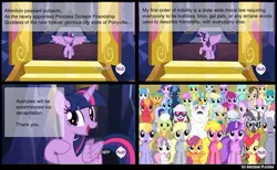 Size: 480x295 | Tagged: useless source url, safe, derpibooru import, edit, edited screencap, screencap, amethyst star, apple bloom, berry punch, berryshine, big macintosh, bulk biceps, cherry berry, cloud kicker, crescent pony, diamond tiara, granny smith, lemon hearts, lightning bolt, lyra heartstrings, mane moon, mayor mare, merry may, minuette, neon lights, photo finish, rainbowshine, rising star, royal riff, sassaflash, scootaloo, sea swirl, seafoam, silver spoon, snails, snips, spring melody, sprinkle medley, star hunter, sunshower raindrops, sweetie belle, twilight sparkle, twilight sparkle (alicorn), twinkleshine, white lightning, alicorn, pegasus, pony, season 4, twilight's kingdom, background pony, female, goddess, hub logo, lowres, mare, needs more jpeg, parody, peasant, ponyville, the hub, threat, twibitch sparkle, tyrant sparkle, vulgar