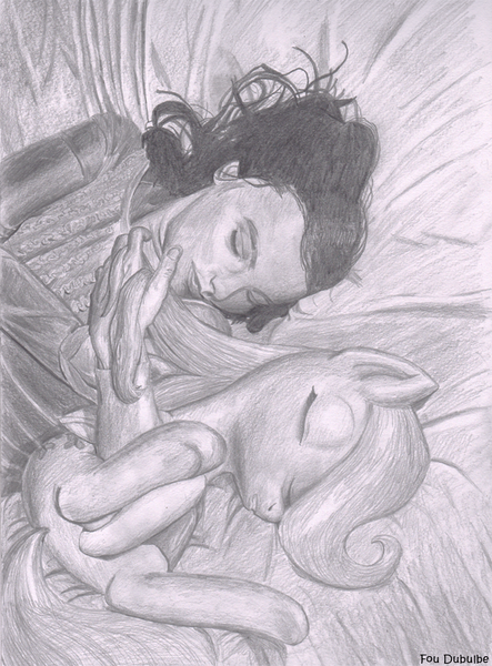 Size: 600x813 | Tagged: artist:foudubulbe, bed, bjork, derpibooru import, filly, fluttershy, human, monochrome, parody, photo, safe, sleeping, traditional art, younger