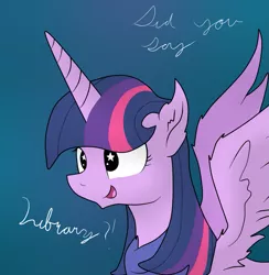 Size: 1281x1314 | Tagged: safe, artist:dazed-and-wandering, derpibooru import, twilight sparkle, twilight sparkle (alicorn), alicorn, pony, adorkable, cute, dork, female, fluffy, library, mare, open mouth, smiling, solo, spread wings, wingboner, wingding eyes
