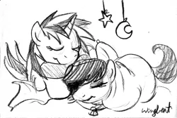 Size: 894x599 | Tagged: safe, artist:wingbeatpony, derpibooru import, octavia melody, vinyl scratch, cuddling, eyes closed, female, lesbian, monochrome, prone, scratchtavia, shipping, sleeping, smiling, snuggling