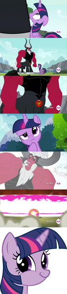 Size: 1000x4368 | Tagged: safe, artist:shootthegun, derpibooru import, lord tirek, twilight sparkle, twilight sparkle (alicorn), alicorn, pony, alternate scenario, female, groin attack, mare, scene parody, self-destruct button, twiface, twilight vs tirek