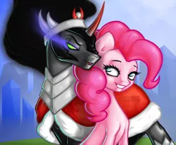 Size: 2500x2058 | Tagged: safe, artist:kelisah, derpibooru import, king sombra, pinkie pie, earth pony, pony, unicorn, armor, cape, clothes, colored horn, curved horn, dark magic, female, horn, magic, male, mare, shipping, sombra eyes, sombra's horn, sombrapie, stallion, straight