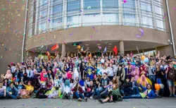 Size: 1280x783 | Tagged: 2014, artist needed, artist:shaadorian, confetti, convention, cosplay, derpibooru import, group photo, human, irl, irl human, photo, rubronycon, safe