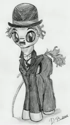 Size: 1679x3000 | Tagged: artist:doublebackstitcharts, black and white, cane, charlie chaplin, clothes, derpibooru import, grayscale, hat, monochrome, moustache, ponified, safe, sketch, solo, suit, traditional art