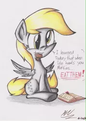 Size: 701x984 | Tagged: safe, artist:pelate, derpibooru import, derpy hooves, pegasus, pony, book, eating, female, mare, moral, muffin, simple background, solo, traditional art