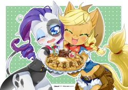 Size: 1280x905 | Tagged: safe, artist:mococo, derpibooru import, applejack, rarity, cow, pony, bipedal, birthday cake, cake, clothes, cowified, daisy dukes, food, presenting, raricow, species swap, wavy mouth