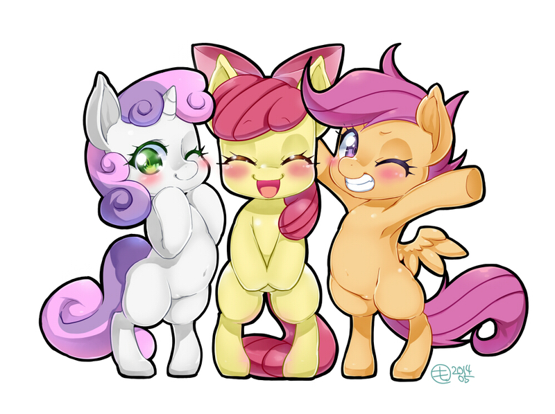 Size: 996x745 | Tagged: suggestive, artist:mococo, derpibooru import, apple bloom, scootaloo, sweetie belle, earth pony, pegasus, pony, unicorn, adorabloom, armpits, bipedal, blushing, crotch bulge, cute, cutealoo, cutie mark crusaders, diasweetes, female, filly, looking at you, nudity, simple background