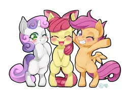 Size: 996x745 | Tagged: suggestive, artist:mococo, derpibooru import, apple bloom, scootaloo, sweetie belle, earth pony, pegasus, pony, unicorn, adorabloom, armpits, bipedal, blushing, crotch bulge, cute, cutealoo, cutie mark crusaders, diasweetes, female, filly, looking at you, nudity, simple background
