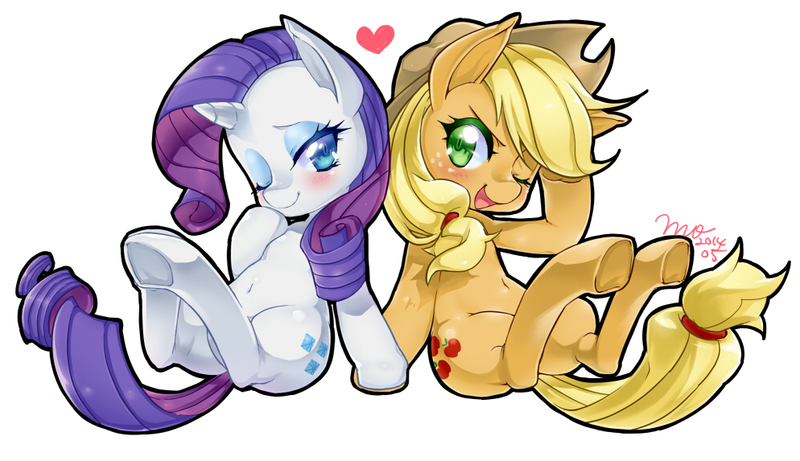 Size: 994x573 | Tagged: safe, artist:mococo, derpibooru import, applejack, rarity, female, lesbian, rarijack, shipping, simple background, underhoof