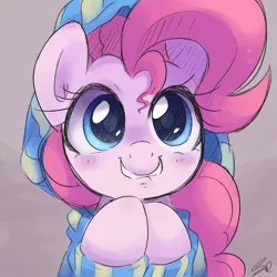 Size: 1500x1500 | Tagged: safe, artist:steffy-beff, derpibooru import, pinkie pie, earth pony, pony, blushing, bust, clothes, cute, diapinkes, female, grin, hoodie, hooves together, lip bite, looking at you, mare, portrait, smiling, solo