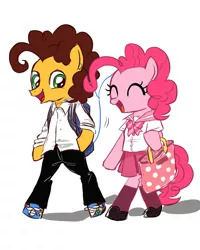 Size: 1024x1280 | Tagged: safe, artist:momo, derpibooru import, cheese sandwich, pinkie pie, pony, bipedal, cheesepie, clothes, cute, diacheeses, diapinkes, eyes closed, female, happy, male, open mouth, school uniform, shipping, smiling, straight, uniform, walking