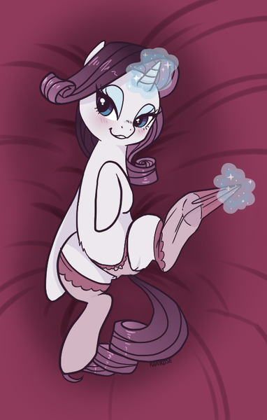 Size: 550x863 | Tagged: suggestive, artist:iatric, deleted from derpibooru, derpibooru import, rarity, pony, unicorn, bed, bedroom eyes, blushing, clothes, cute, cute porn, female, magic, mare, on back, on bed, panties, ribbon, socks, solo, solo female, stockings, telekinesis, thigh highs, underhoof, underwear, undressing