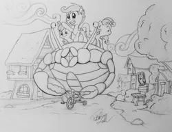 Size: 1024x792 | Tagged: apple bloom, artist:pajaga, bicycle, crab, cutie mark crusaders, derpibooru import, giant crab, monochrome, oc, oc:tom the crab, owlowiscious, safe, scootaloo, sketch, sweetie belle