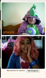 Size: 390x656 | Tagged: safe, derpibooru import, pinkie pie, spike, human, equestria girls, blonde, clothes, cosplay, hoodie, irl, irl human, jacket, omegle, online, photo, pink, spike hoodie