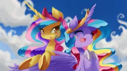 Size: 1509x849 | Tagged: safe, artist:loyaldis, derpibooru import, princess gold lily, princess sterling, cute, eyes closed, happy, looking at you, open mouth, rainbow power, rainbow power-ified, smiling, that was fast, wingding eyes