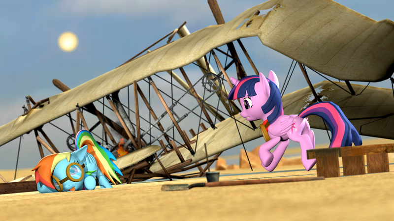 Size: 1920x1080 | Tagged: safe, artist:d0ntst0pme, derpibooru import, rainbow dash, twilight sparkle, twilight sparkle (alicorn), alicorn, pegasus, pony, 3d, clothes, crash landing, desert, fallout 3, flying contraption, gmod, goggles, not sfm, scarf, wright flyer