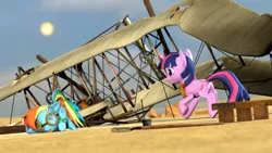 Size: 1920x1080 | Tagged: safe, artist:d0ntst0pme, derpibooru import, rainbow dash, twilight sparkle, twilight sparkle (alicorn), alicorn, pegasus, pony, 3d, clothes, crash landing, desert, fallout 3, flying contraption, gmod, goggles, not sfm, scarf, wright flyer