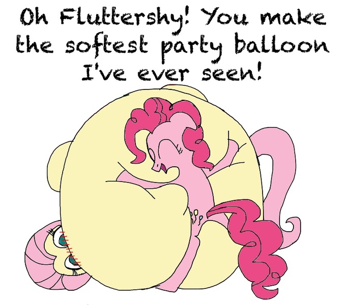 Size: 778x682 | Tagged: questionable, artist:boman100, artist:noctulov, derpibooru import, fluttershy, pinkie pie, earth pony, pony, balloon, bingo wings, hug, inflation, remake