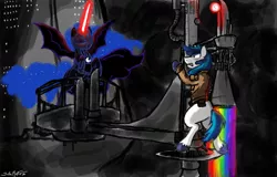 Size: 1424x912 | Tagged: safe, artist:masterjosh140, derpibooru import, nightmare moon, shining armor, alicorn, pony, unicorn, cloudsdale, crossover, lightsaber, parody, star wars, the empire strikes back