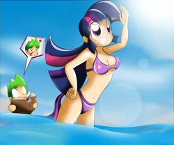 Size: 7087x5906 | Tagged: suggestive, artist:ryured, derpibooru import, spike, twilight sparkle, human, absurd resolution, armpits, beach, belly button, bikini, blood, book, breasts, busty twilight sparkle, cleavage, clothes, female, heart, human spike, humanized, imagination, lens flare, male, nosebleed, shipping, straight, swimsuit, swimsuit edit, tailed humanization, twispike, underwear, wet
