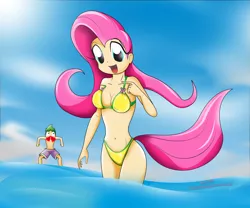 Size: 7087x5906 | Tagged: absurd resolution, artist:ryured, belly button, bikini, blood, breasts, busty fluttershy, cleavage, clothes, derpibooru import, female, fluttershy, flutterspike, human, humanized, human spike, male, nosebleed, shipping, spike, straight, suggestive, swimsuit, tailed humanization
